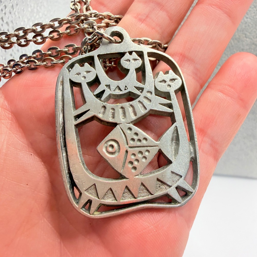 Vintage Sweden MCM Pewter Cats Fish Pendant Necklace Silver Tone Folk Art